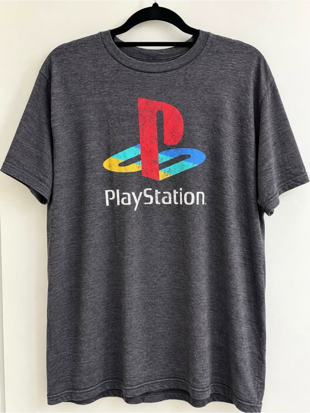 Sony Gray PlayStation Logo Tee - Red, Yellow, Blue Accents